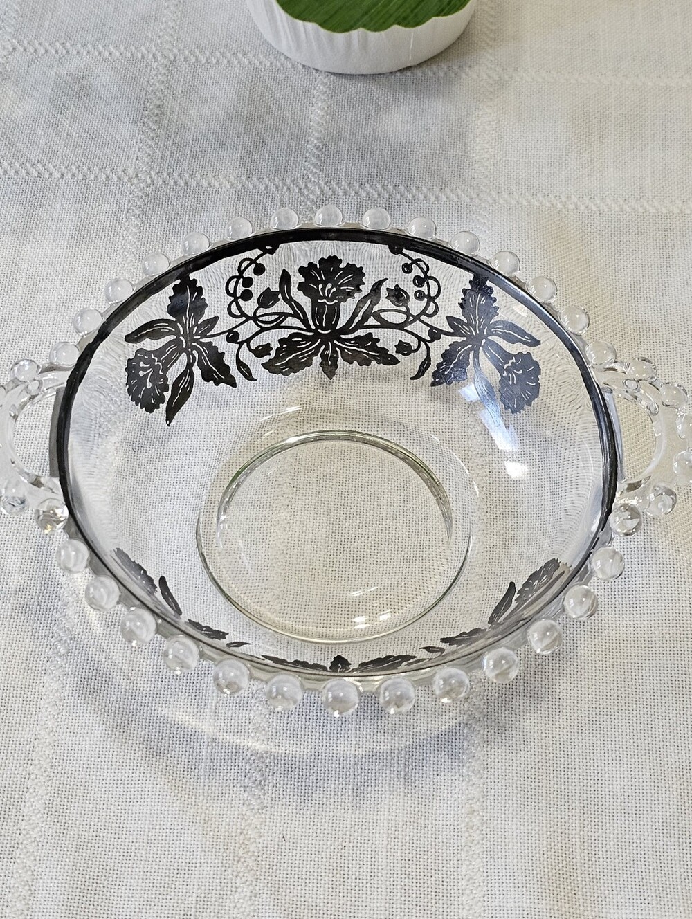 Vintage Candlewick Style Glass Bowl Black Floral Silver Overlay